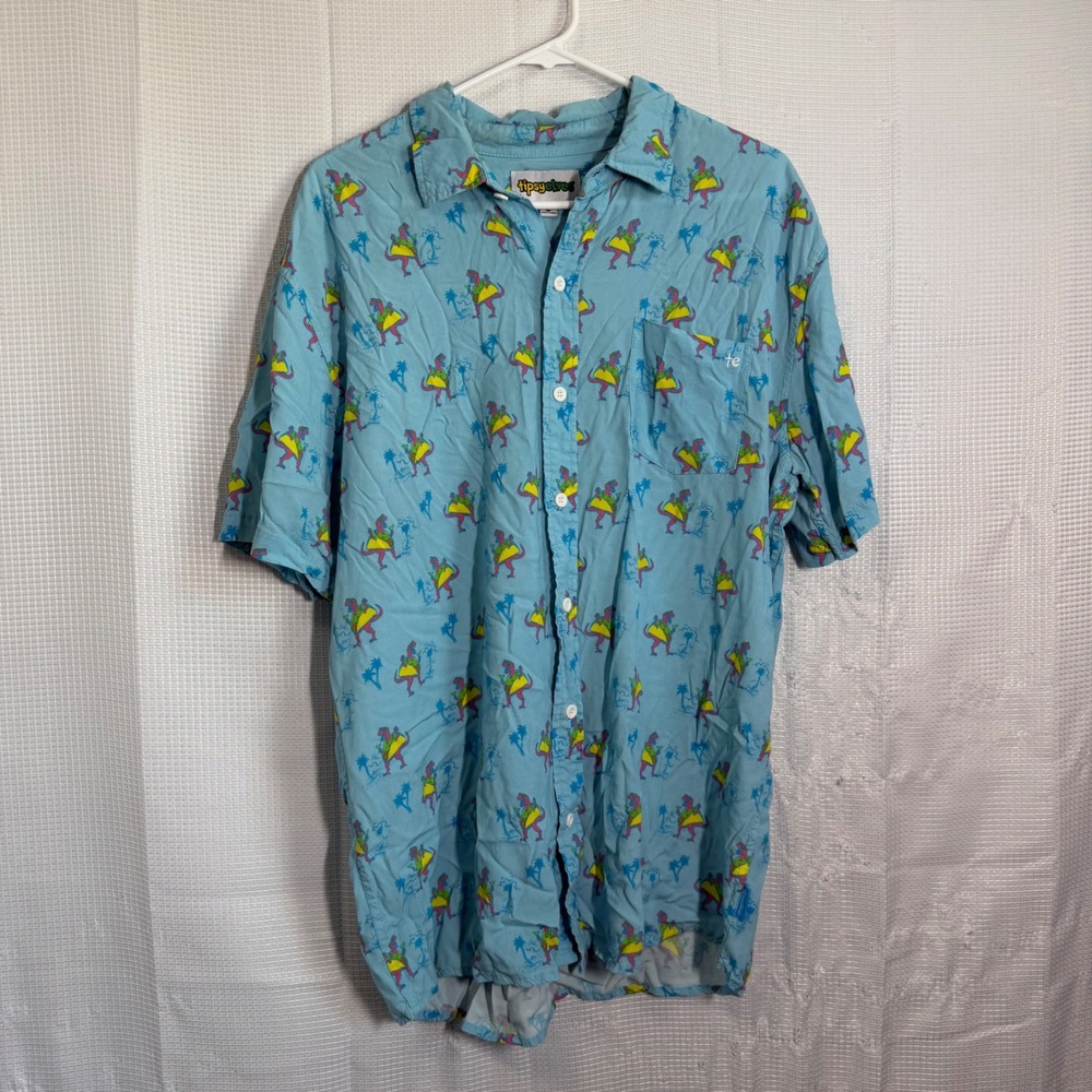 Tipsy Elves Shirt Rayon Dinosaur Taco Print Button Up Short Sleeve Party XL